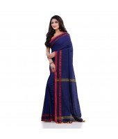 Women`s Traditional Bengali Tant Handloom Cotton Saree Loveria Design With Blouse Piece(Deep Blue)